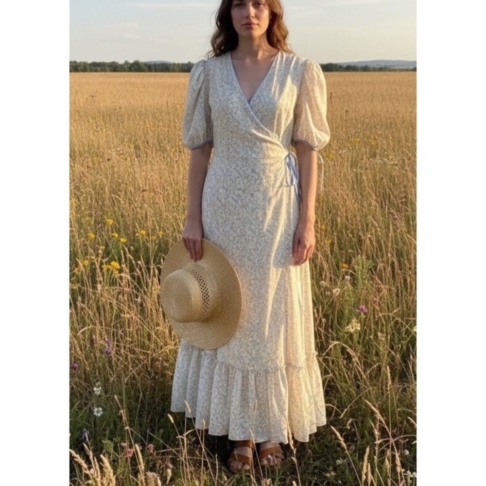 Dondolo Floral Wrap Maxi Dress Puff Sleeve Embroidered Collar Cottagecore Size M